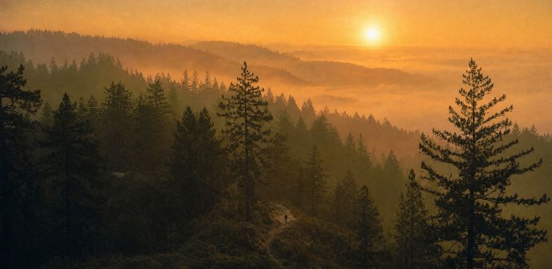 Sun setting over a forested valley