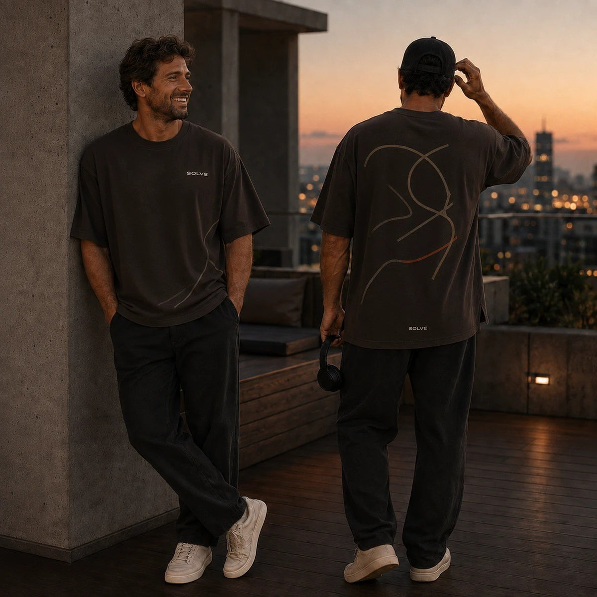 A man in the tee on a rooftop at dusk, seen from the front and from the back