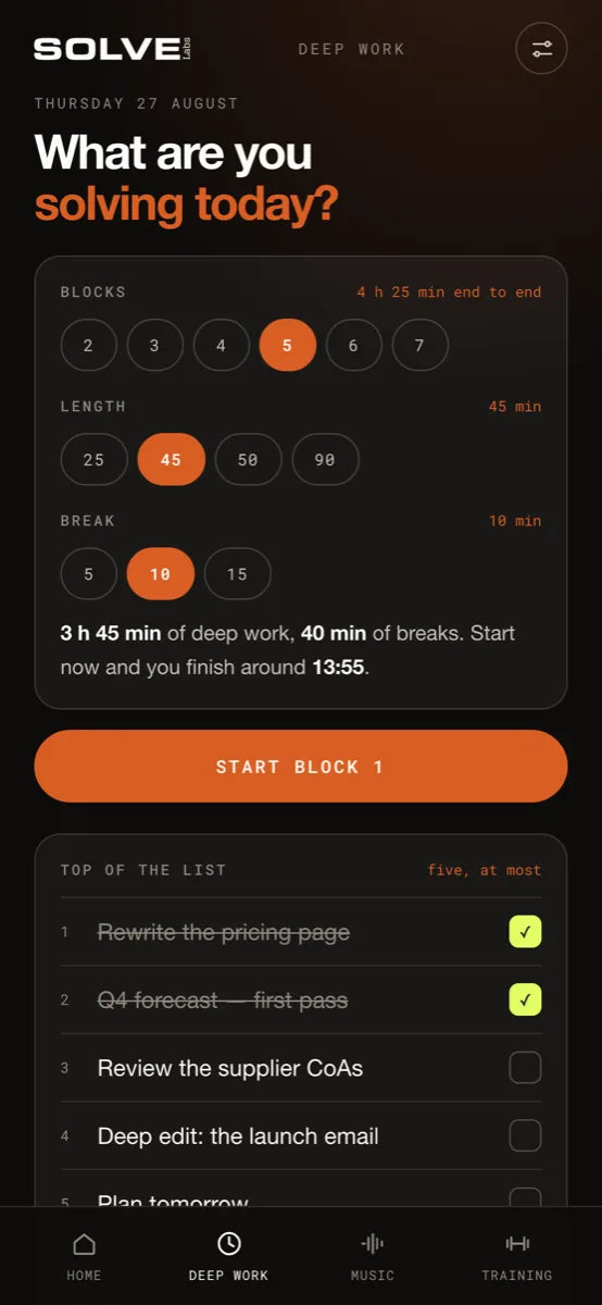 The Solve app planning blocks of deep work for the day