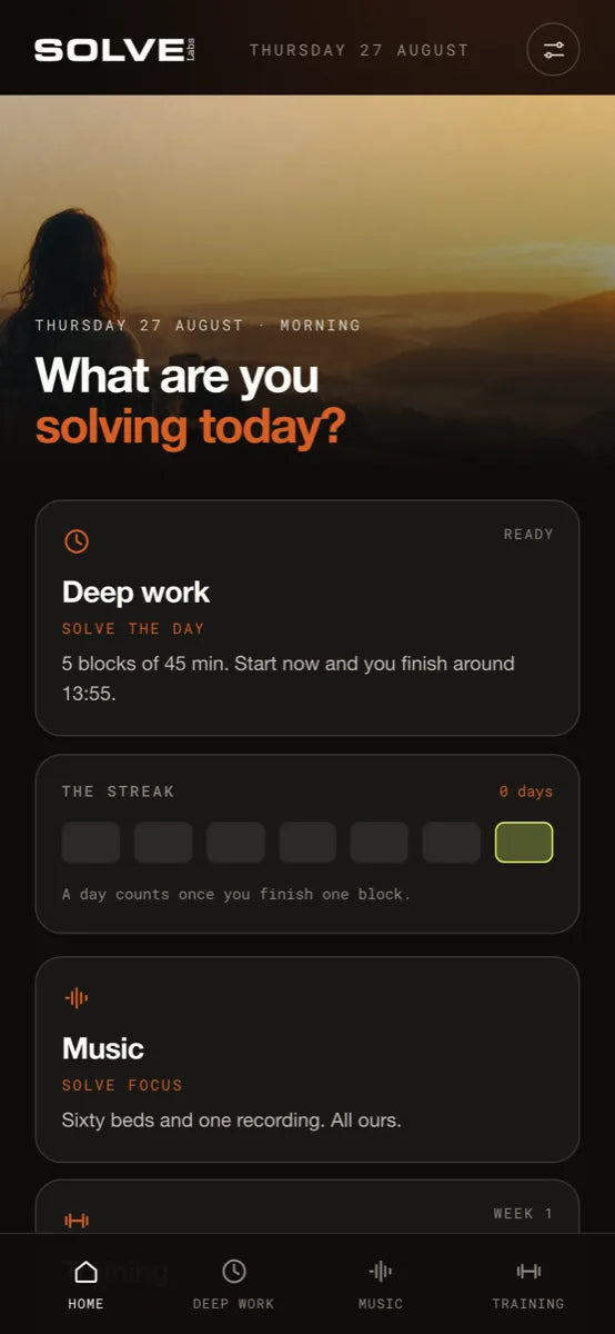 The Solve app’s home screen: what are you solving today?