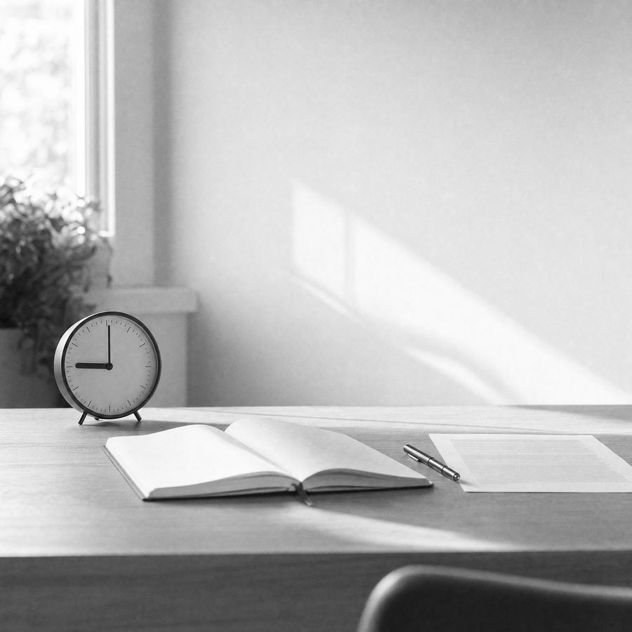 A desk clock at nine o’clock beside one open notebook