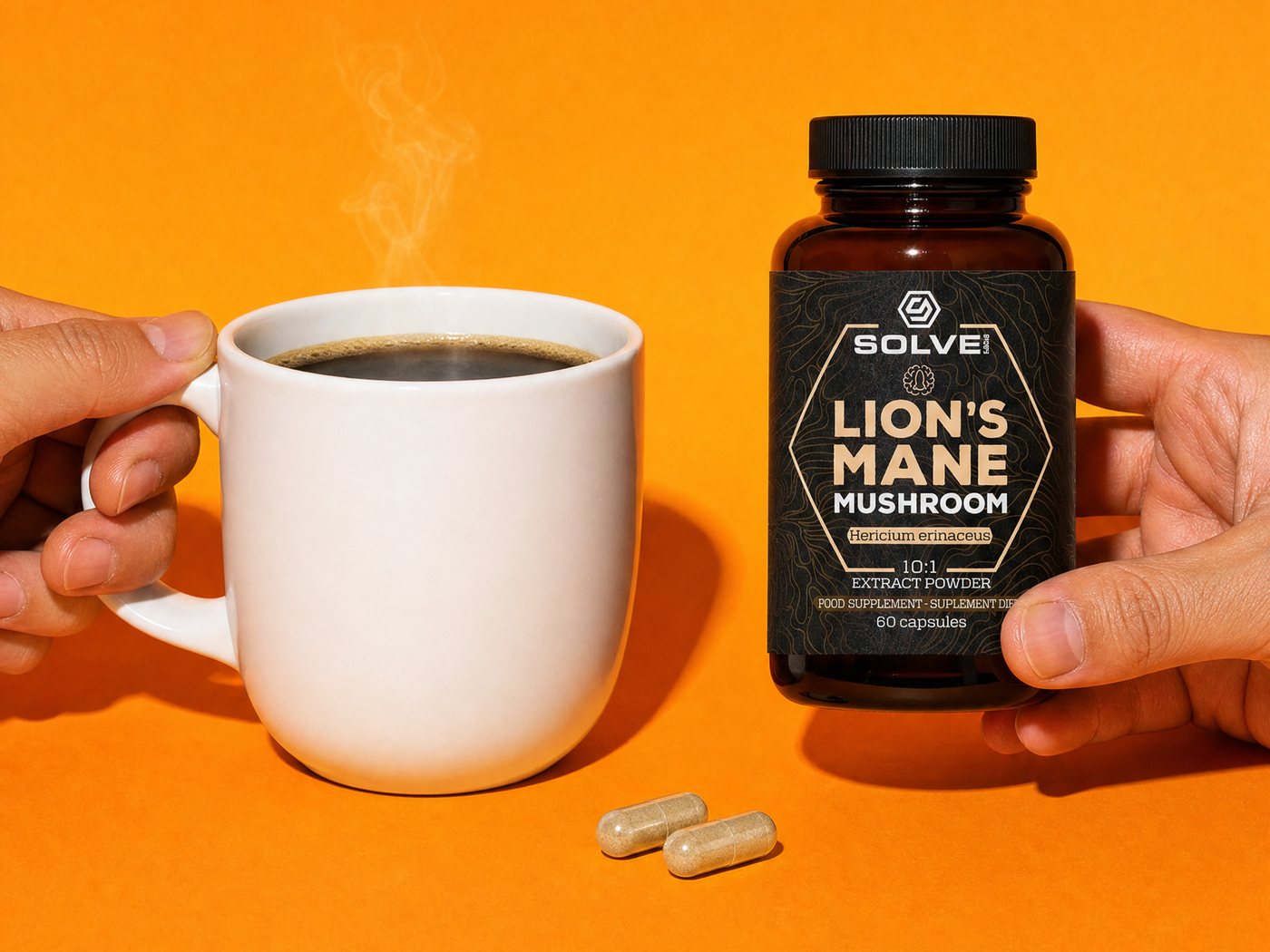 A hand holding a mug of black coffee beside a hand holding the Solve Labs Lion's Mane jar, two capsules between them, on an orange ground