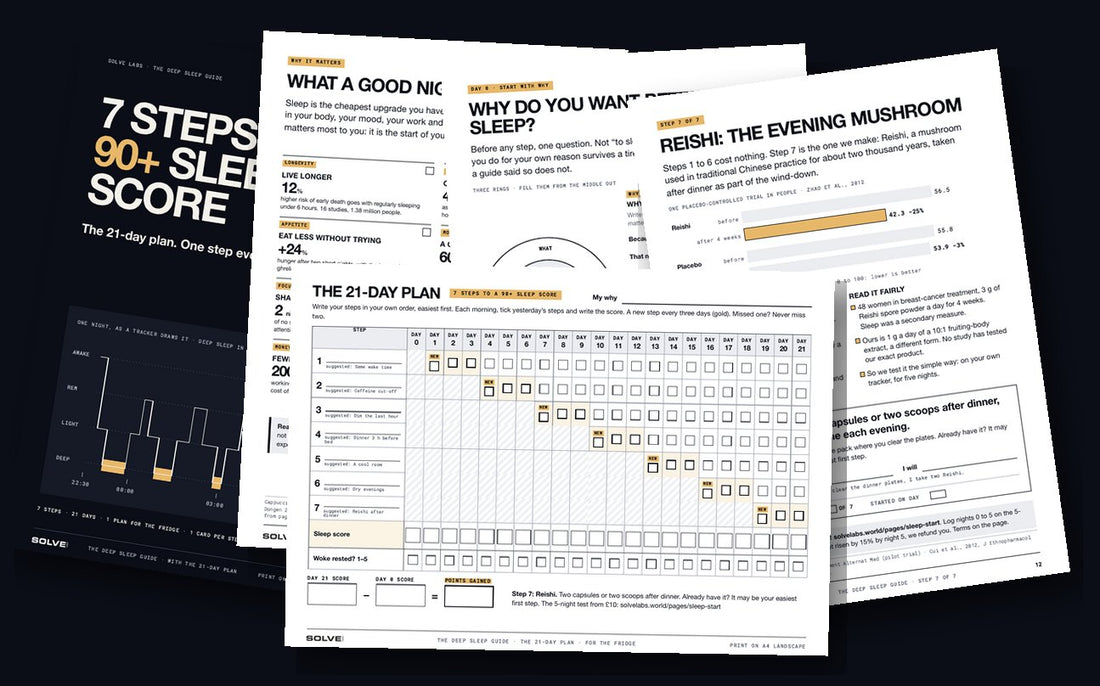 Printed pages of the Deep Sleep Guide: the cover, what a good night buys you, your why, Step 7: Reishi, and the 21-day plan sheet