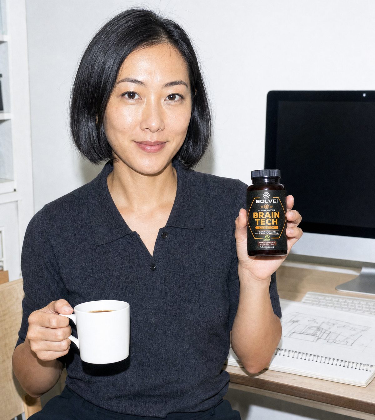 A woman at her desk with a cup of coffee, holding a jar of Solve Labs Brain Tech