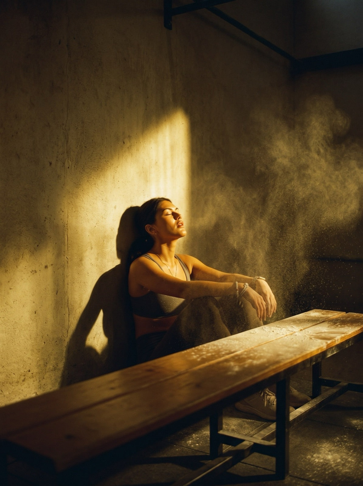 A person resting against a wall in a shaft of afternoon light