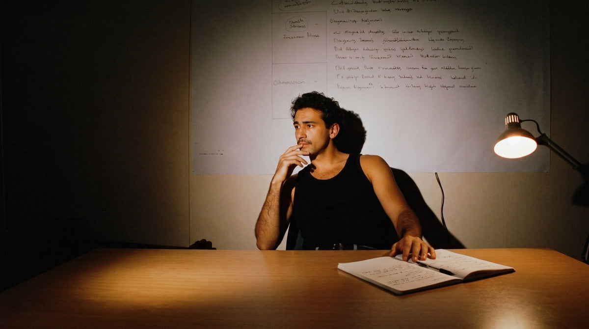 A person thinking at a desk under a lamp in the evening