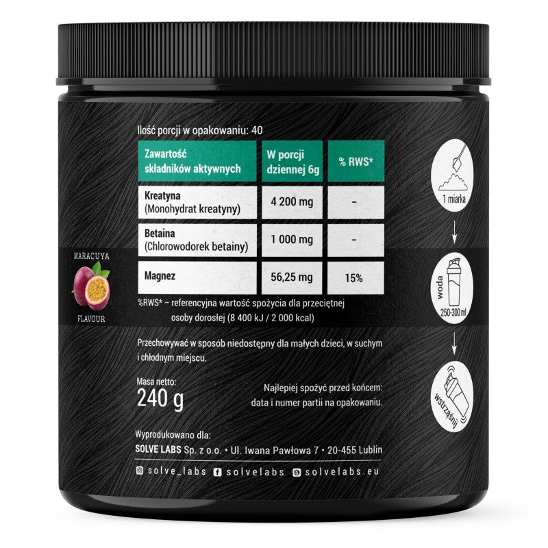 Creatine+ nutrition panel: creatine 4,200 mg, betaine 1,000 mg, magnesium 56.25 mg at 15% NRV per 6 g serving