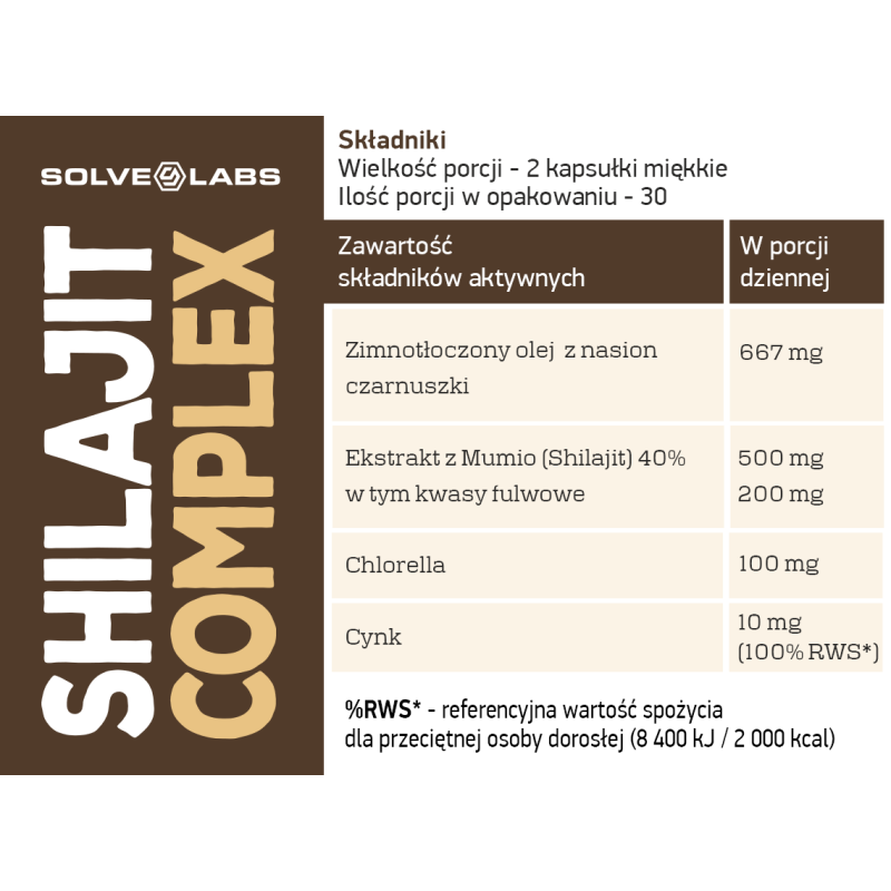 Shilajit Complex nutrition panel: shilajit 500 mg, fulvic acids 200 mg, black seed oil 667 mg, chlorella 100 mg, zinc 10 mg