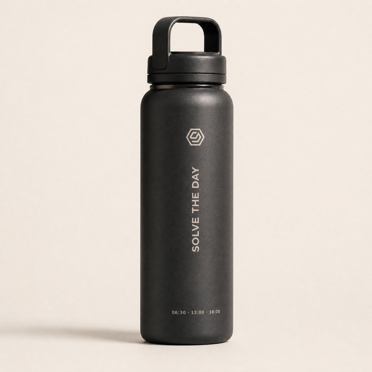 The Day Bottle, a matte black steel bottle