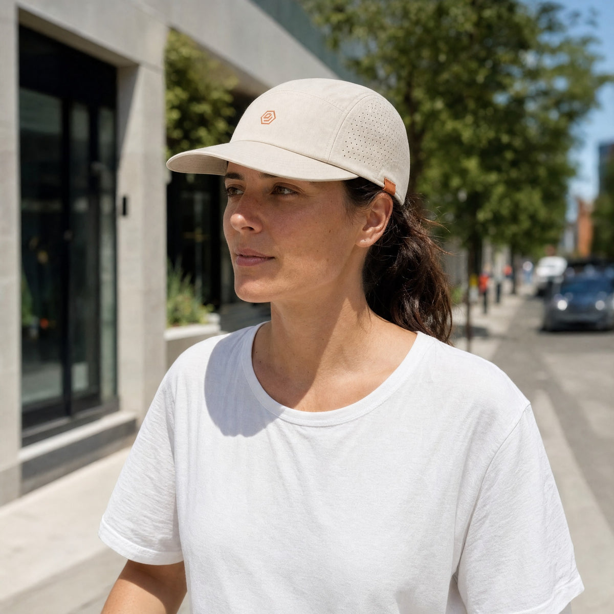 Someone wearing the Solve Cap, Bone