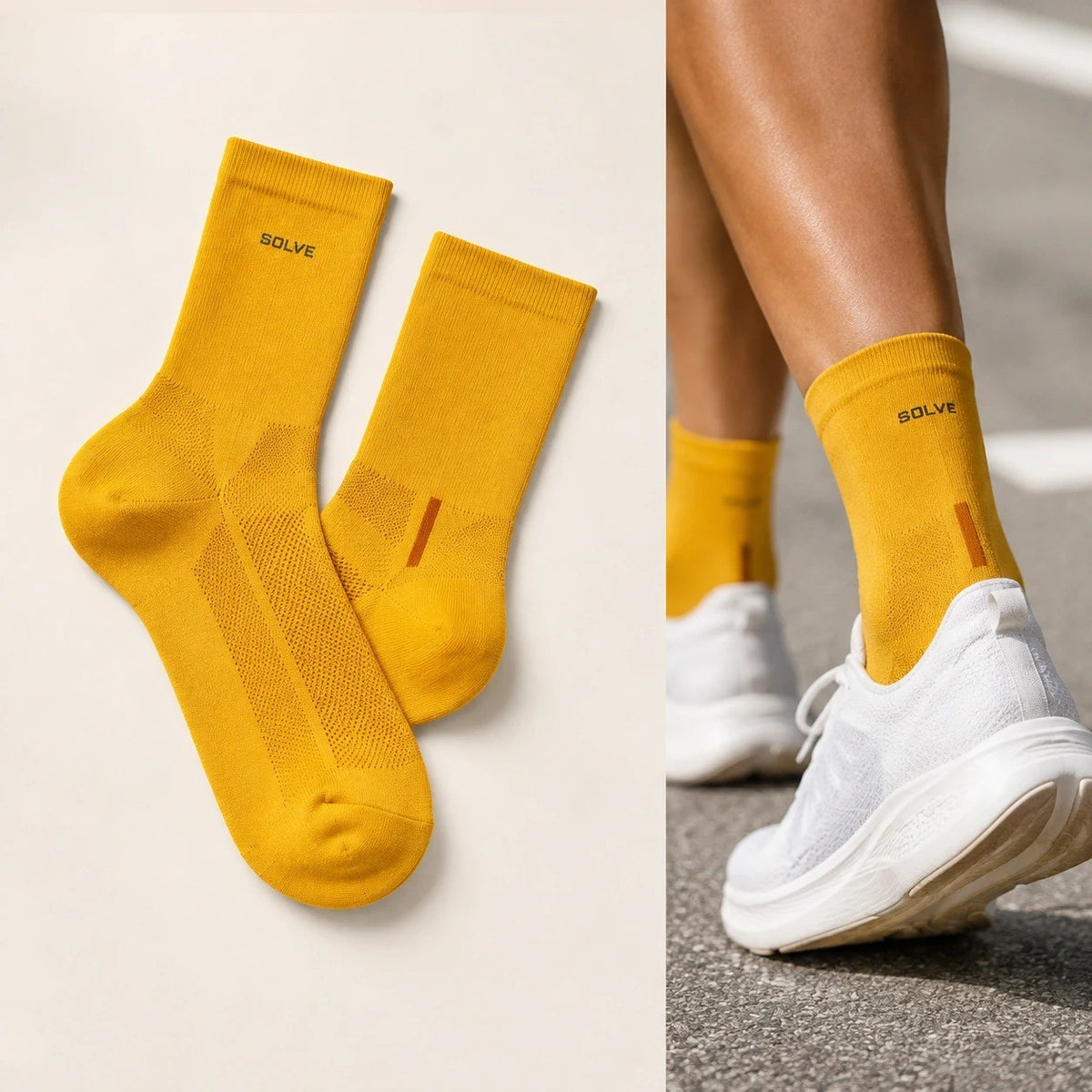 The yellow socks laid flat, and worn with white running shoes