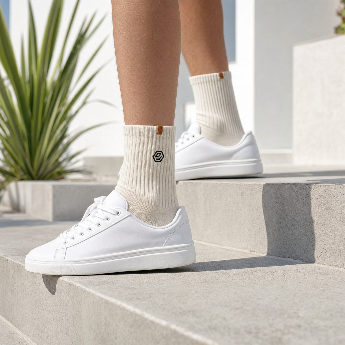 Bone Hex Socks worn with white trainers
