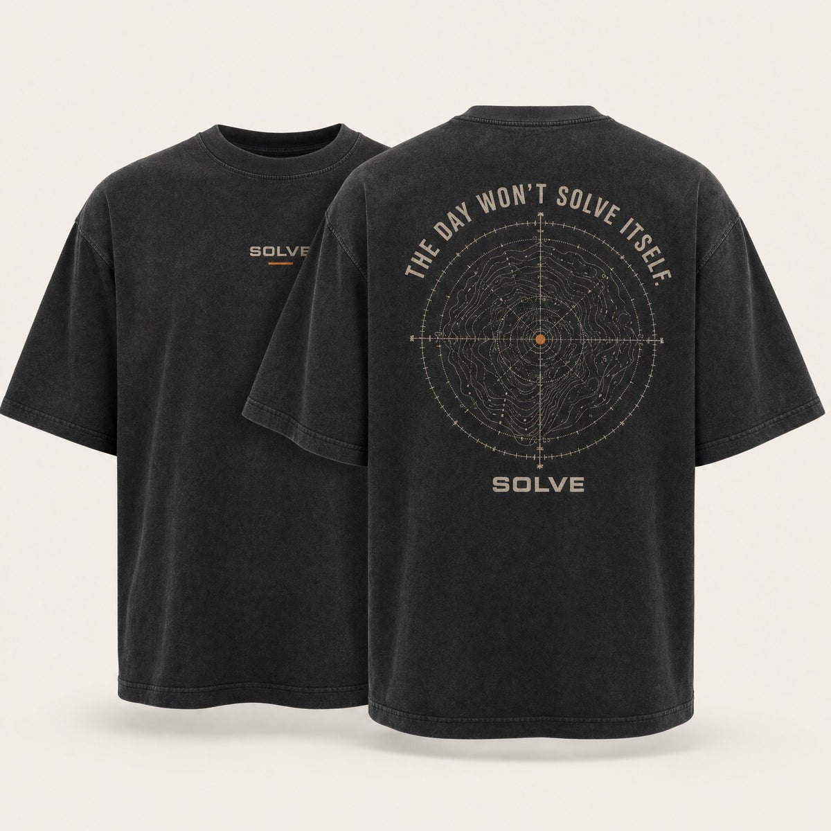 The Day Won’t Solve Itself Tee in washed black, back and front