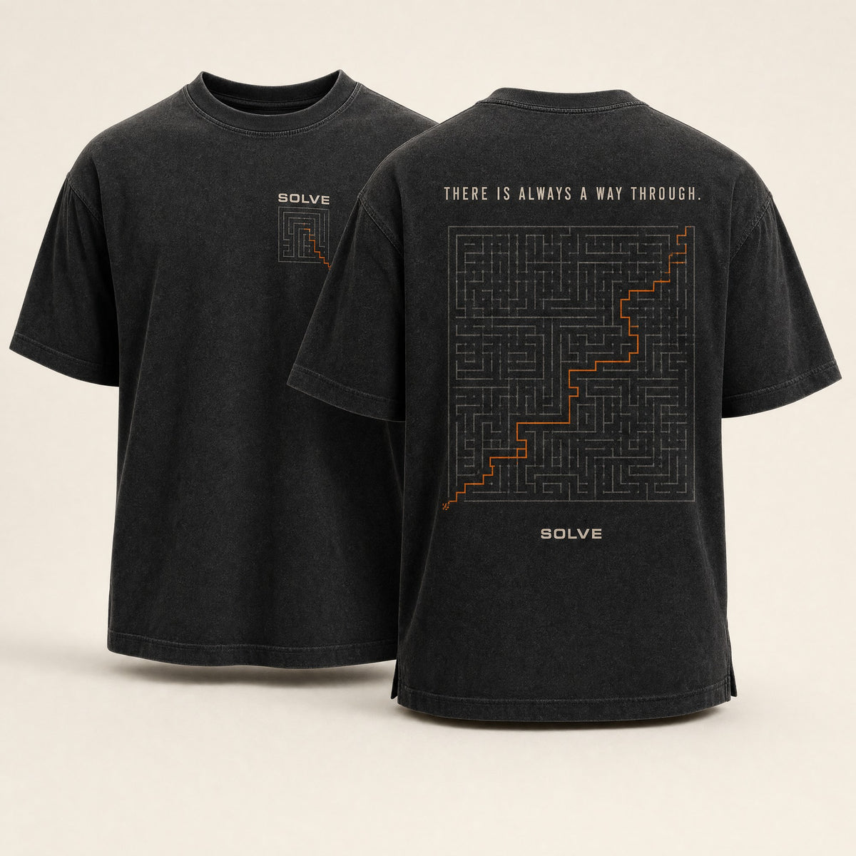 A Way Through Tee in washed black, front and back