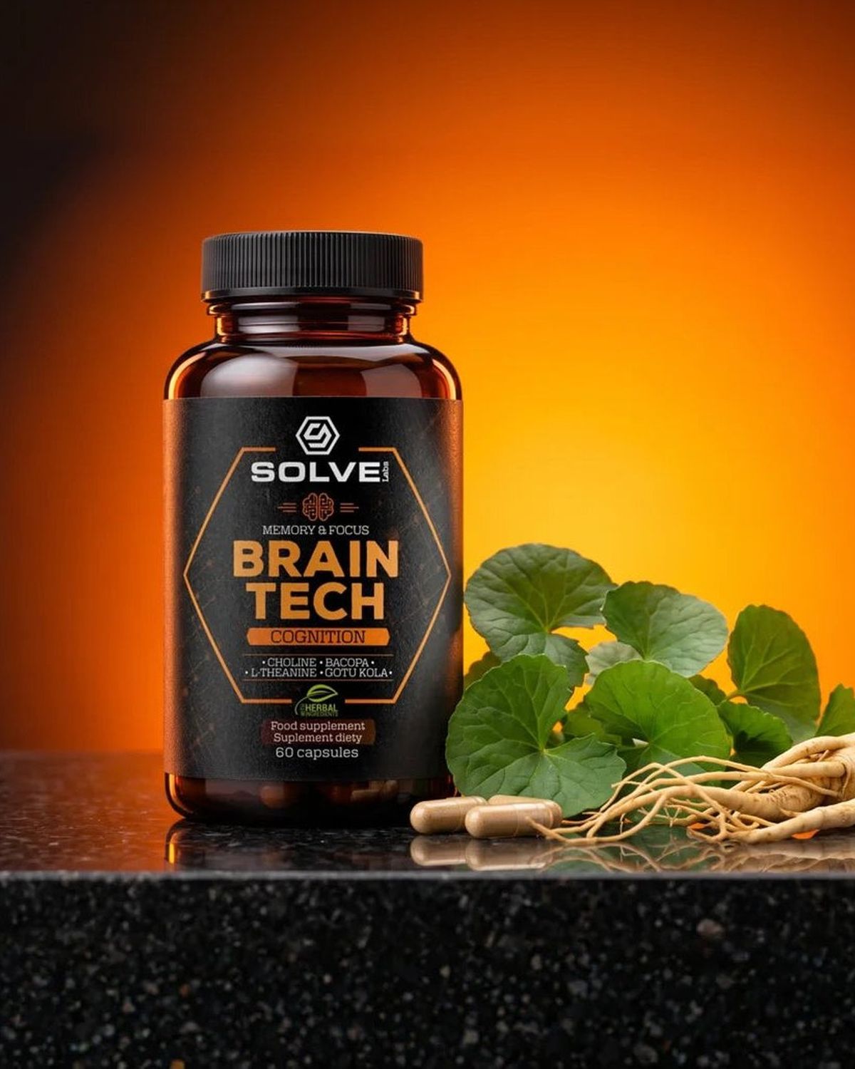 The jar of Solve Labs Brain Tech on a stone ledge beside gotu kola leaves and ginseng root, on an orange ground