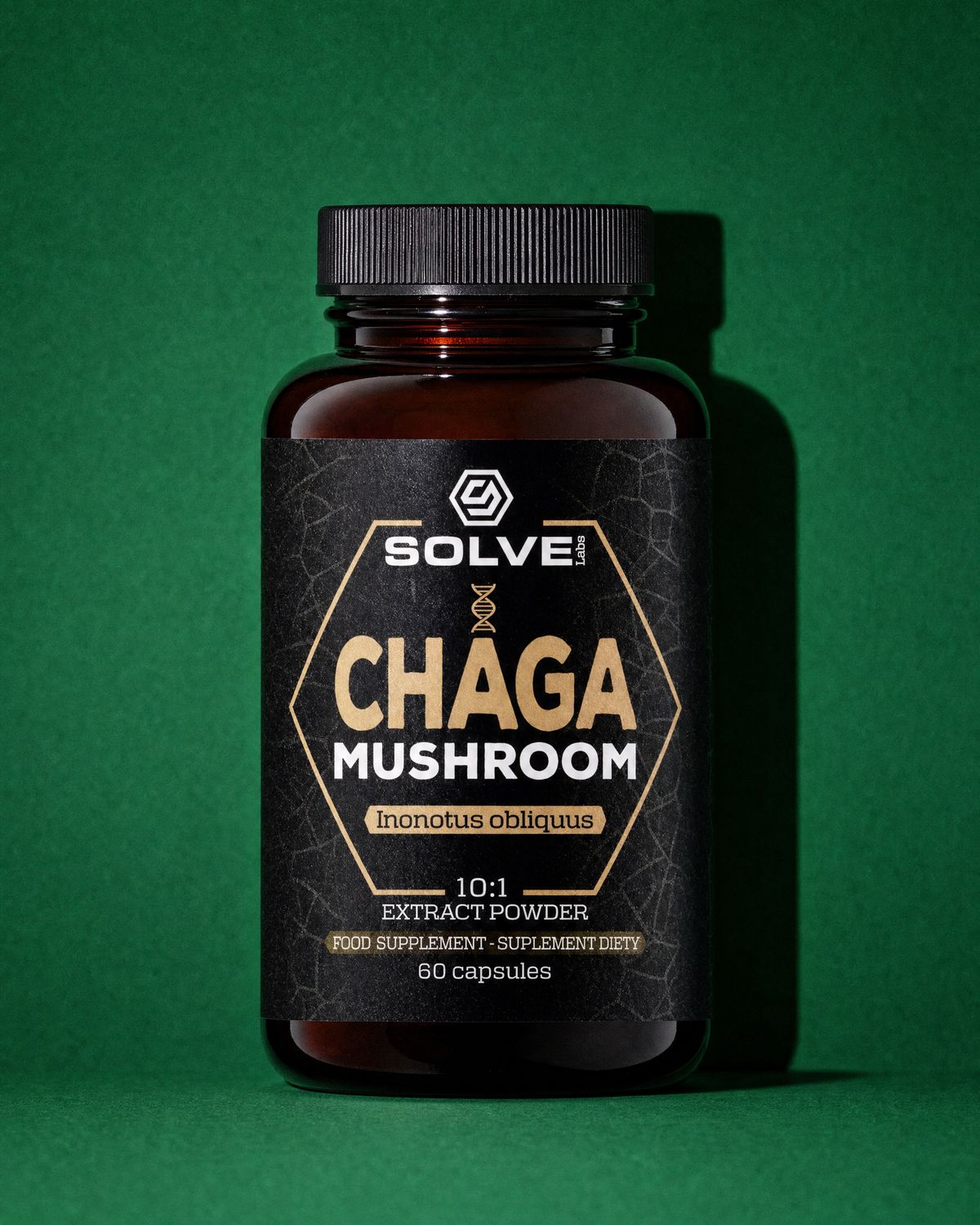A jar of Solve Labs Chaga capsules on a forest-green backdrop