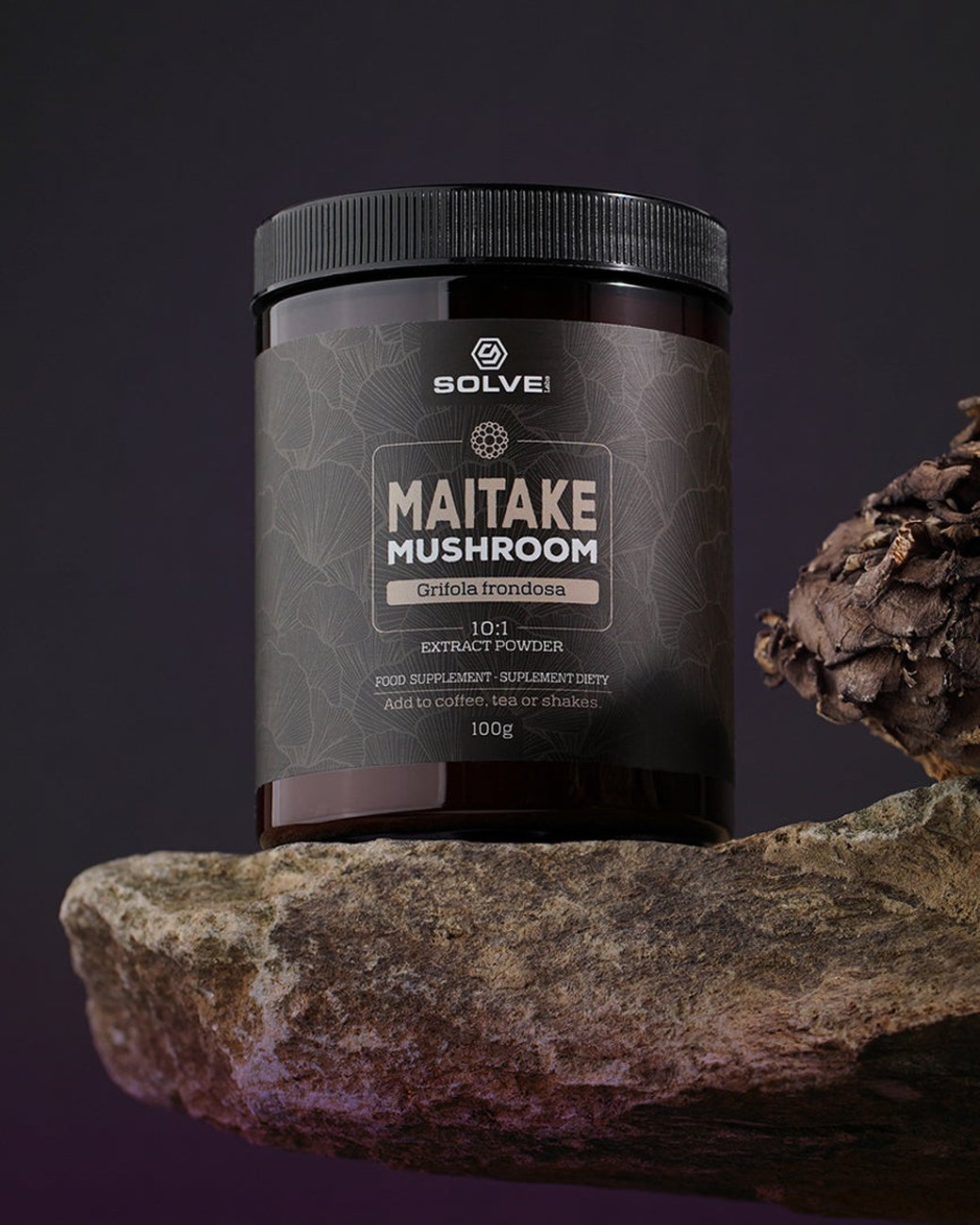 Die Dose Solve Labs Maitake-Pulver auf einem Stein, daneben ein ganzer Maitake-Pilz