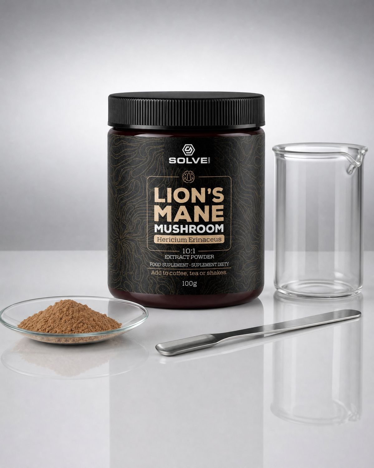 A jar of Solve Labs Lion&rsquo;s Mane powder on a grey laboratory bench beside a watch glass of the powder and a beaker