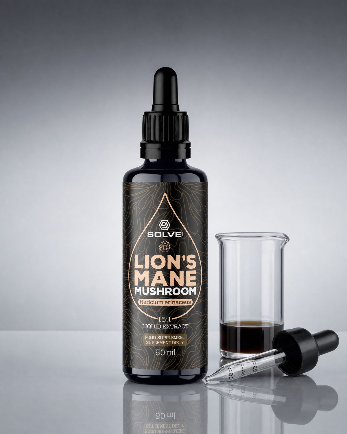 A bottle of Solve Labs Lion&rsquo;s Mane drops on a grey laboratory bench beside a beaker and a dropper
