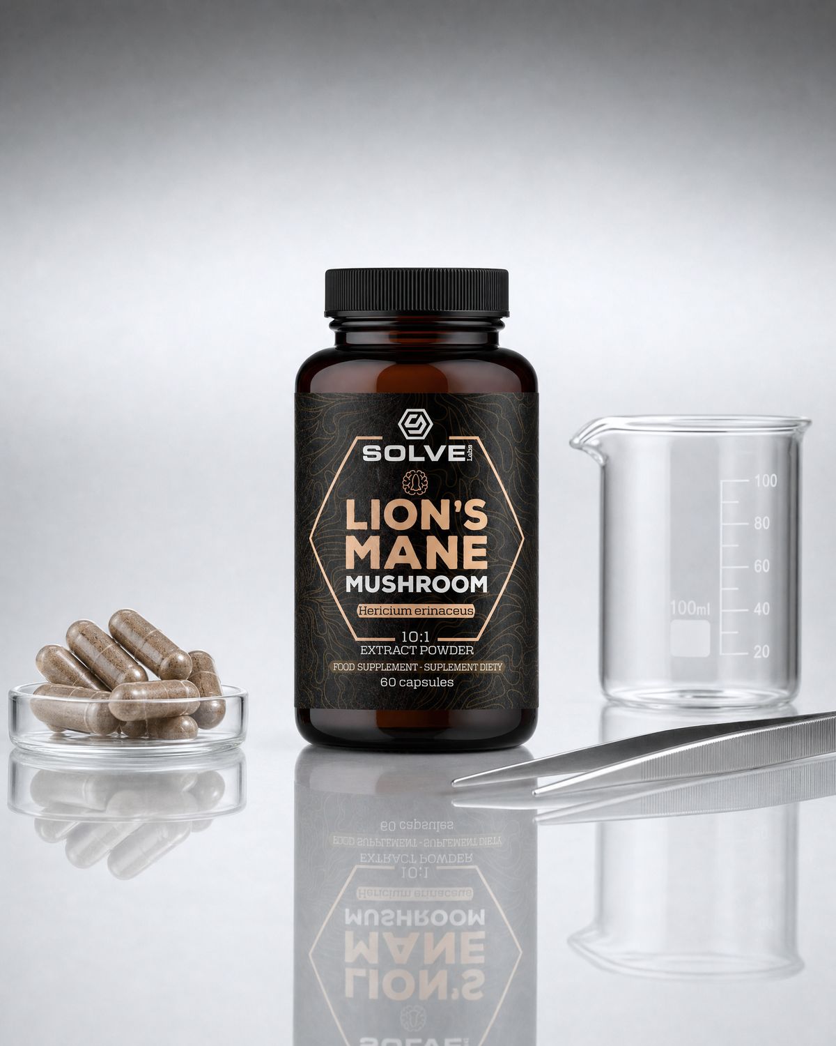 A jar of Solve Labs Lion&rsquo;s Mane capsules on a grey laboratory bench beside a watch glass of capsules and a beaker