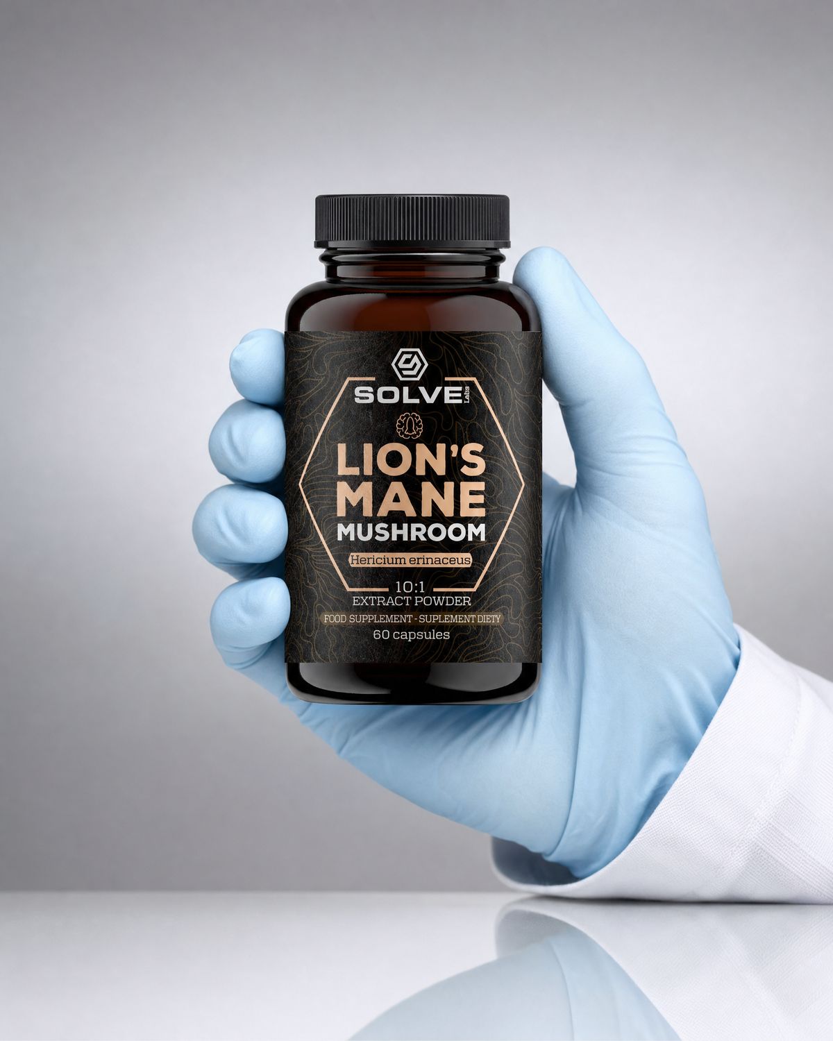 A gloved hand holding a jar of Solve Labs Lion&rsquo;s Mane capsules in a laboratory