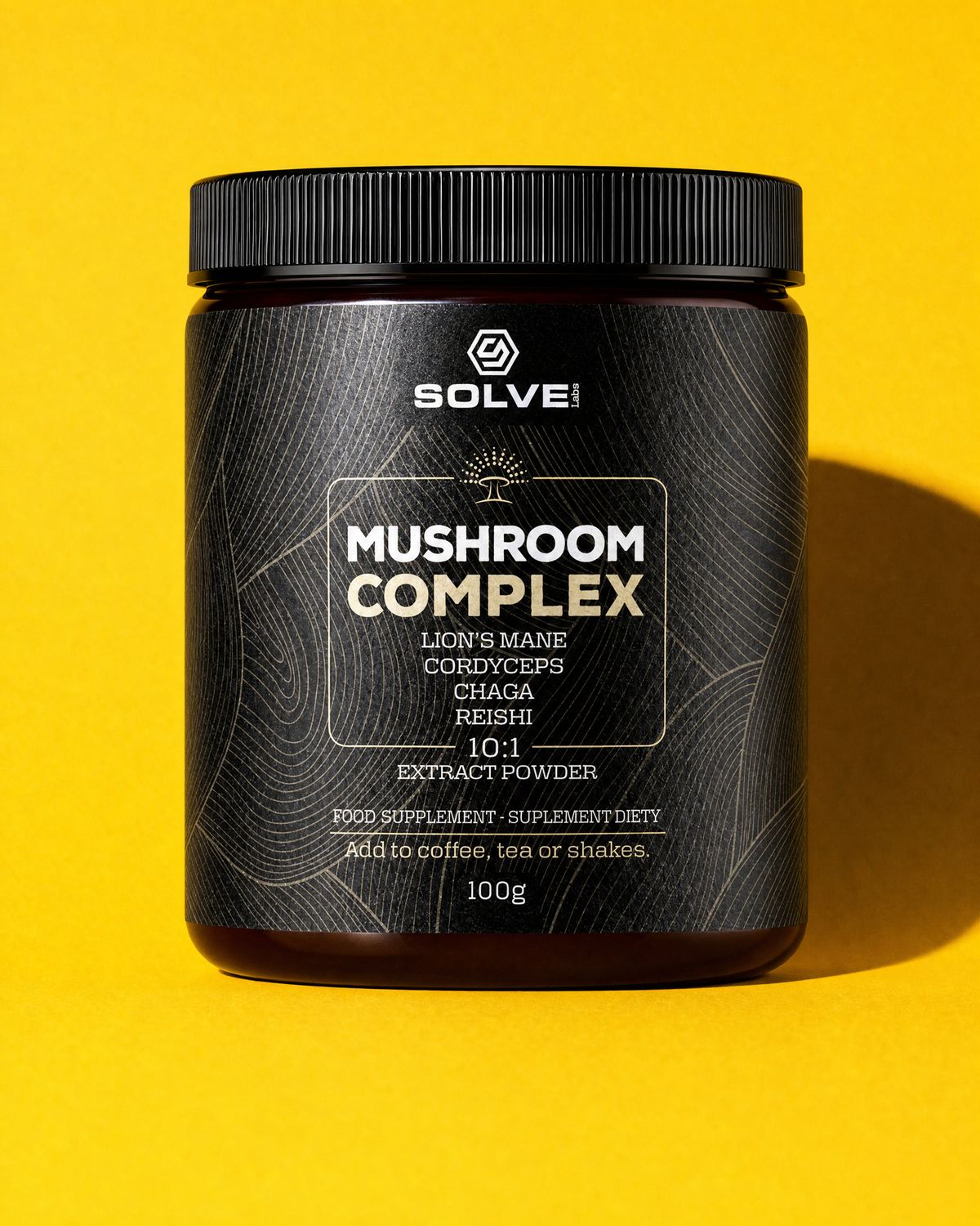 A jar of Solve Labs Mushroom Complex powder on a mustard-yellow backdrop