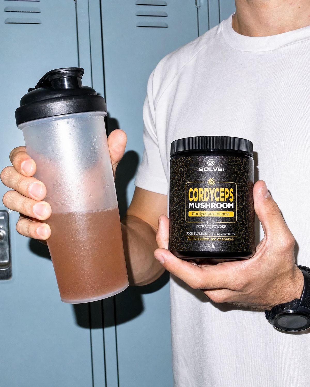 Hands holding a shaker and a jar of Solve Labs Cordyceps in front of gym lockers