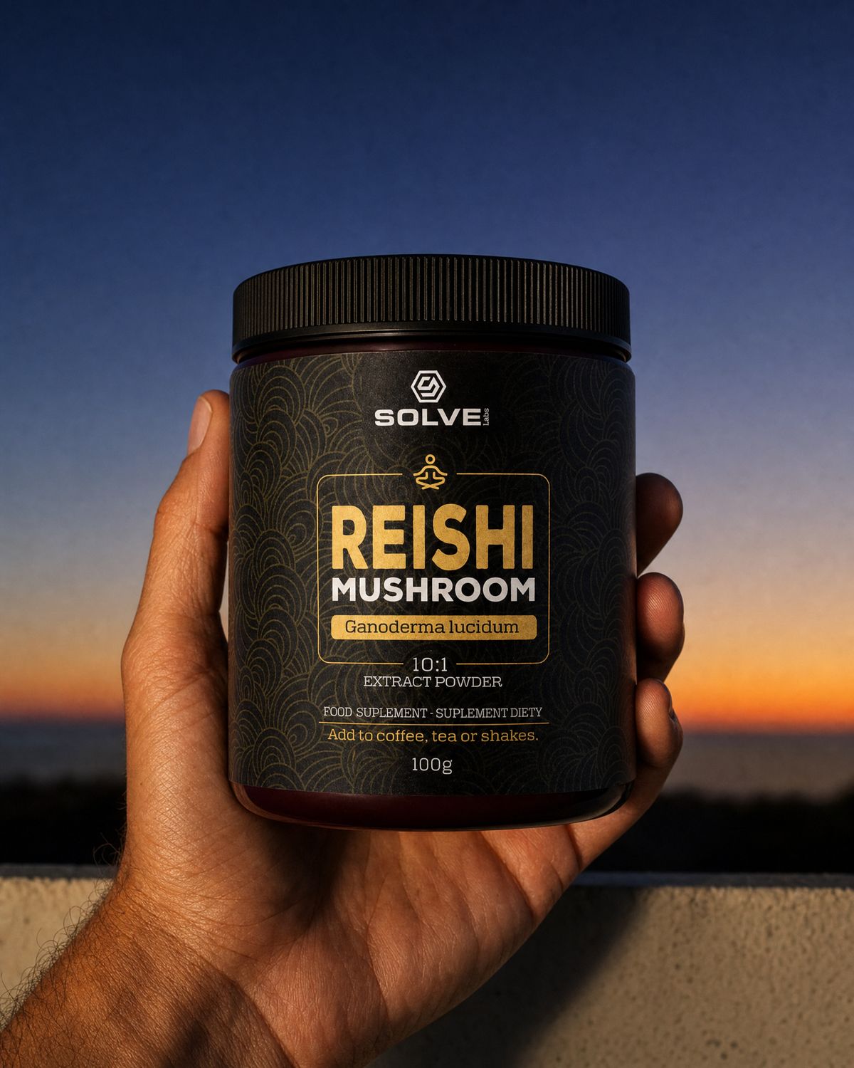 A hand holding up a jar of Solve Labs Reishi powder against a dusk sky