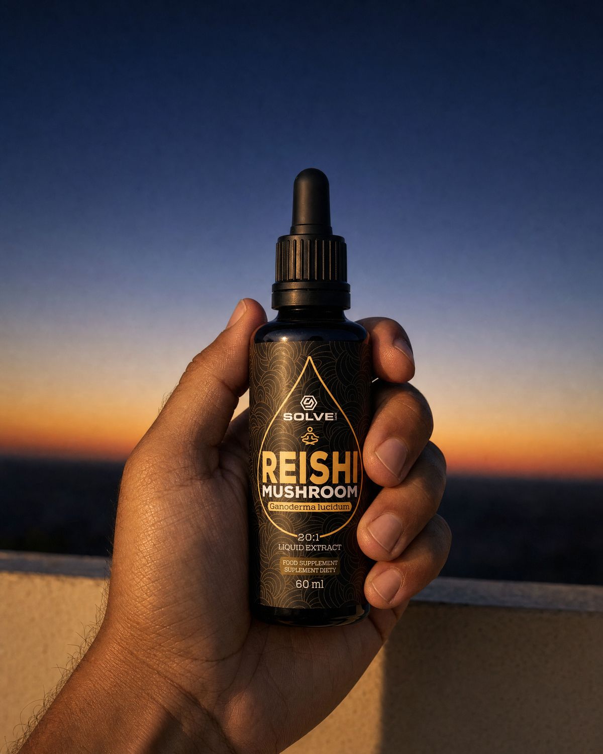 A hand holding up a bottle of Solve Labs Reishi drops against a dusk sky