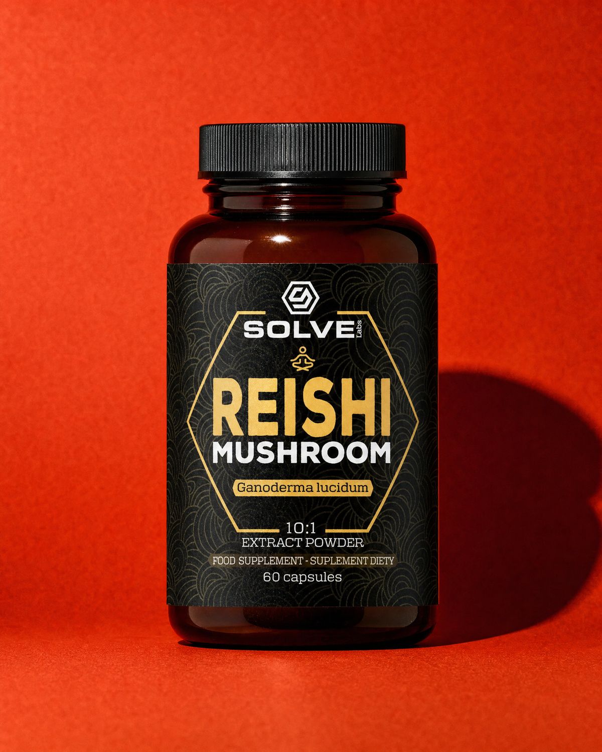 A jar of Solve Labs Reishi capsules on a terracotta-red backdrop