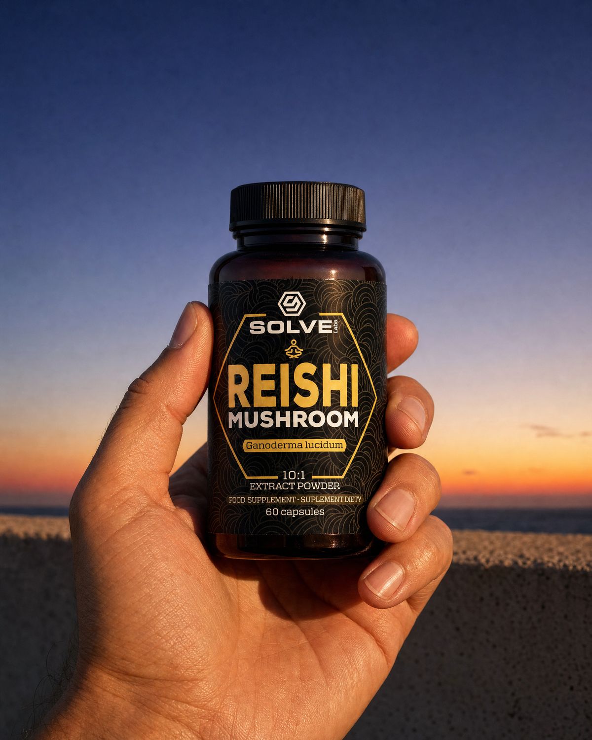 A hand holding up a jar of Solve Labs Reishi capsules against a dusk sky