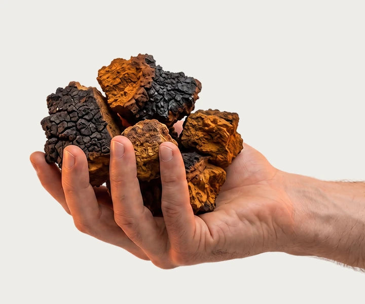 A hand holding pieces of chaga, black outside and rust-brown inside