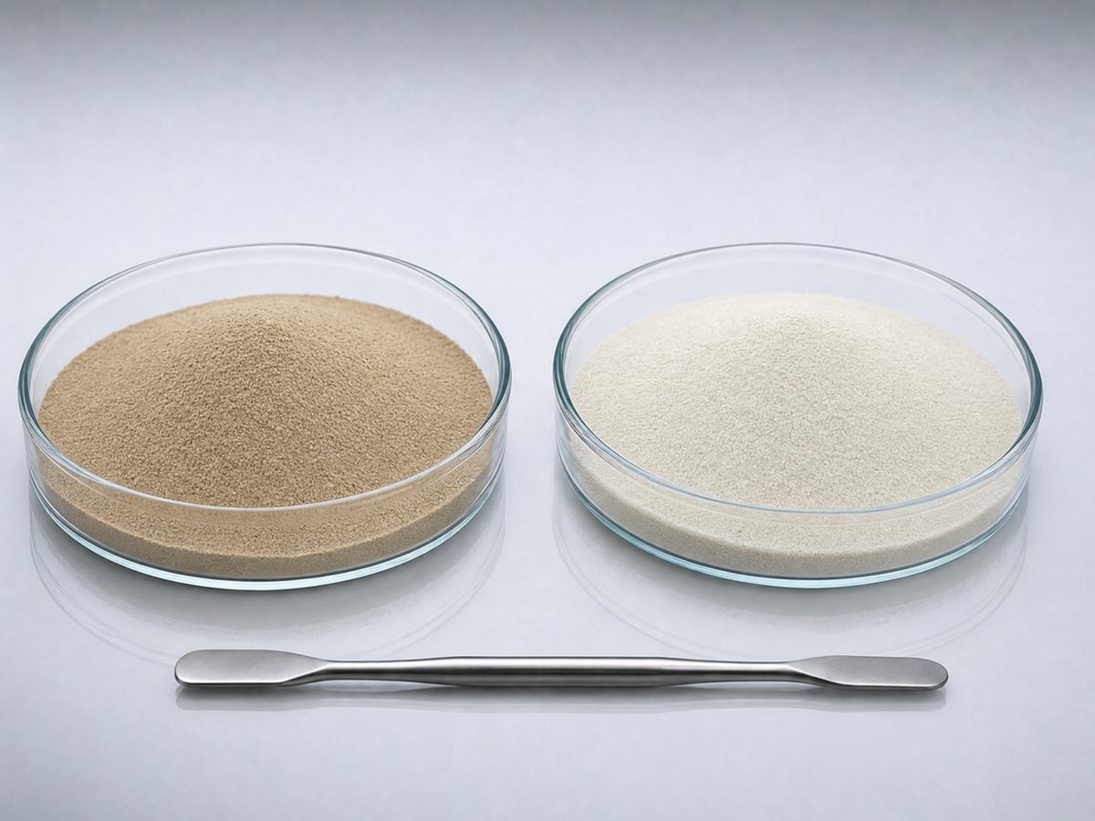 Dos cuencos de cristal sobre una mesa de laboratorio: a la izquierda, un polvo beige de extracto de hongo; a la derecha, un polvo molido más pálido