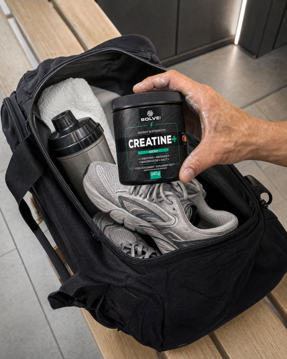 A hand lowering the tub into a gym bag beside running shoes and a towel