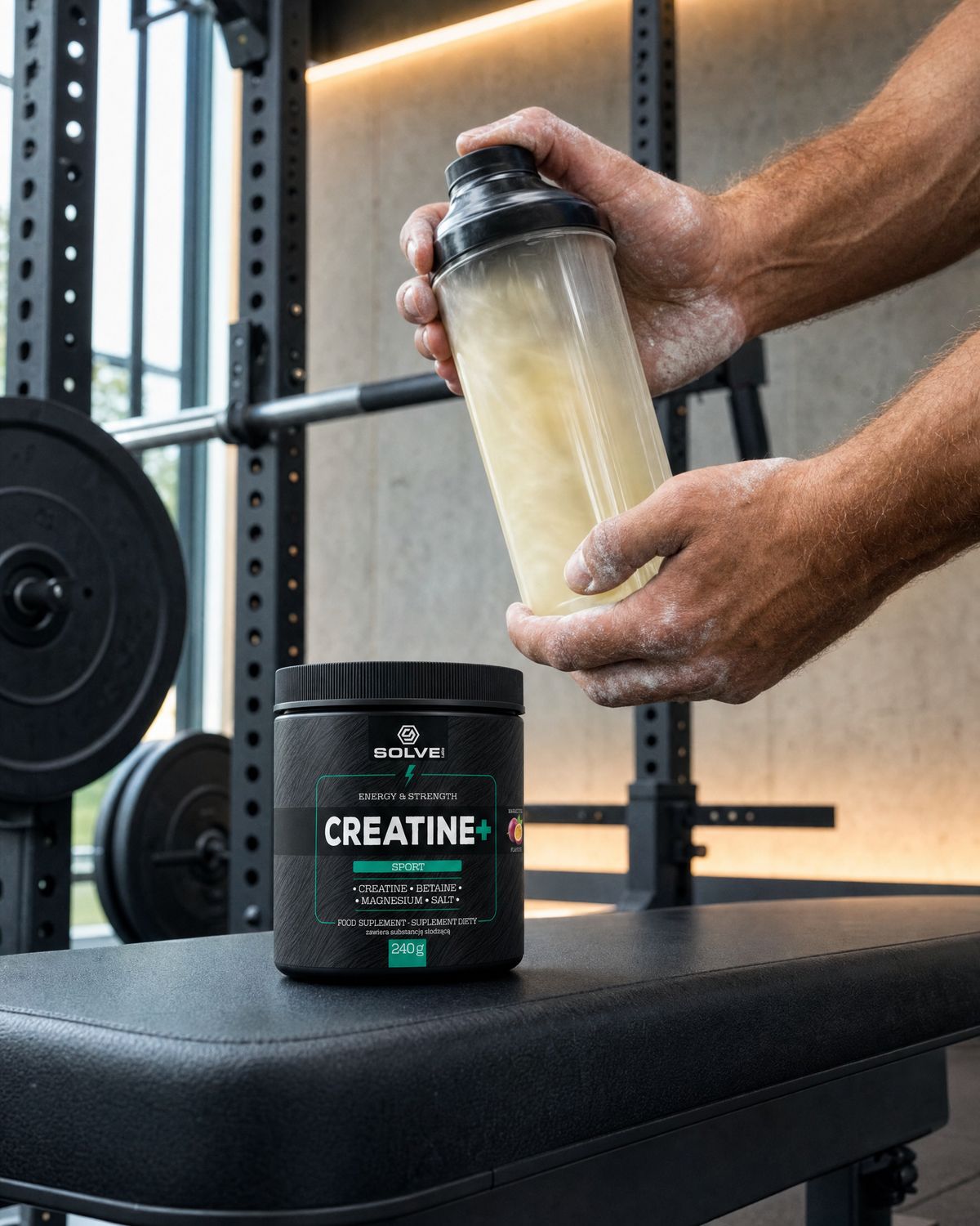 Hands shaking a shaker of pale-yellow drink above the tub on a gym bench