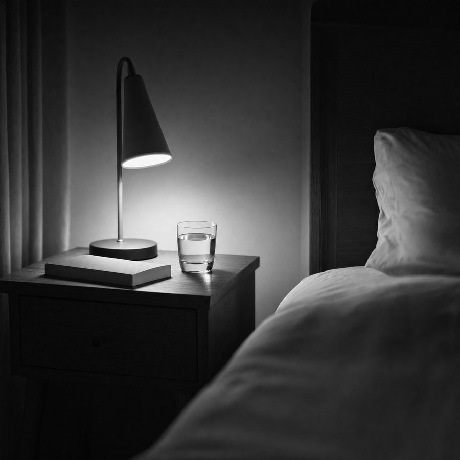 A bedside lamp, a closed book and a glass of water, no phone