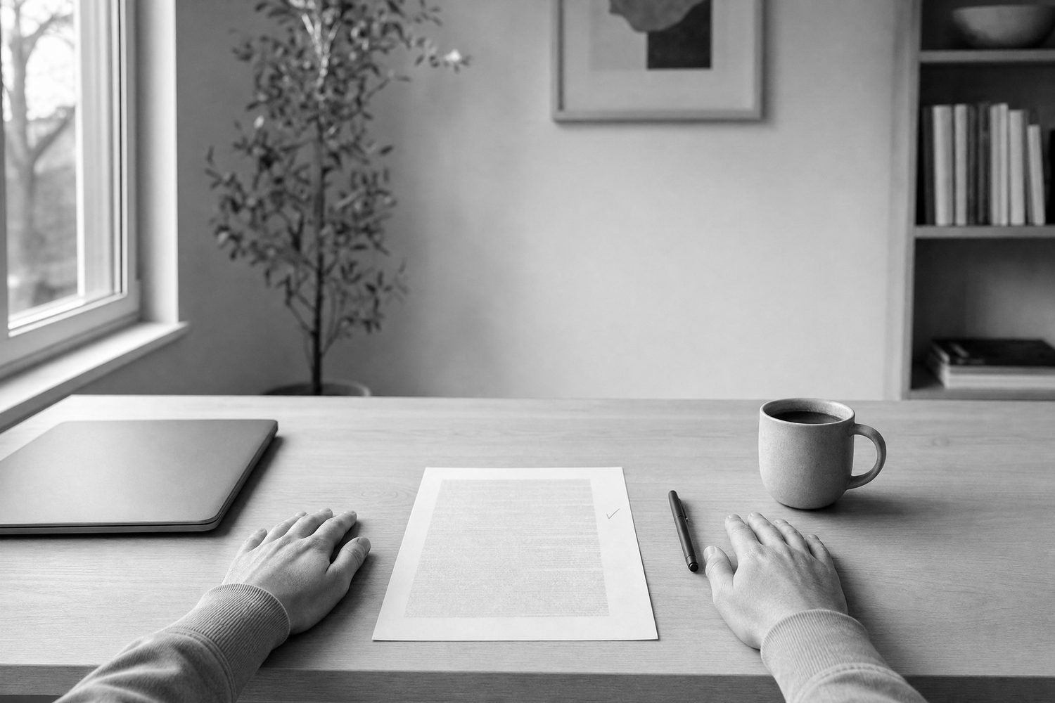 A calm desk at late morning: laptop closed, one finished page with a tick, two relaxed hands