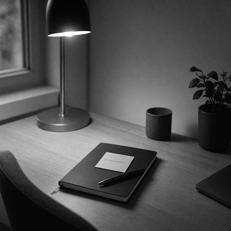 Tomorrow’s task on a note under the desk lamp at night
