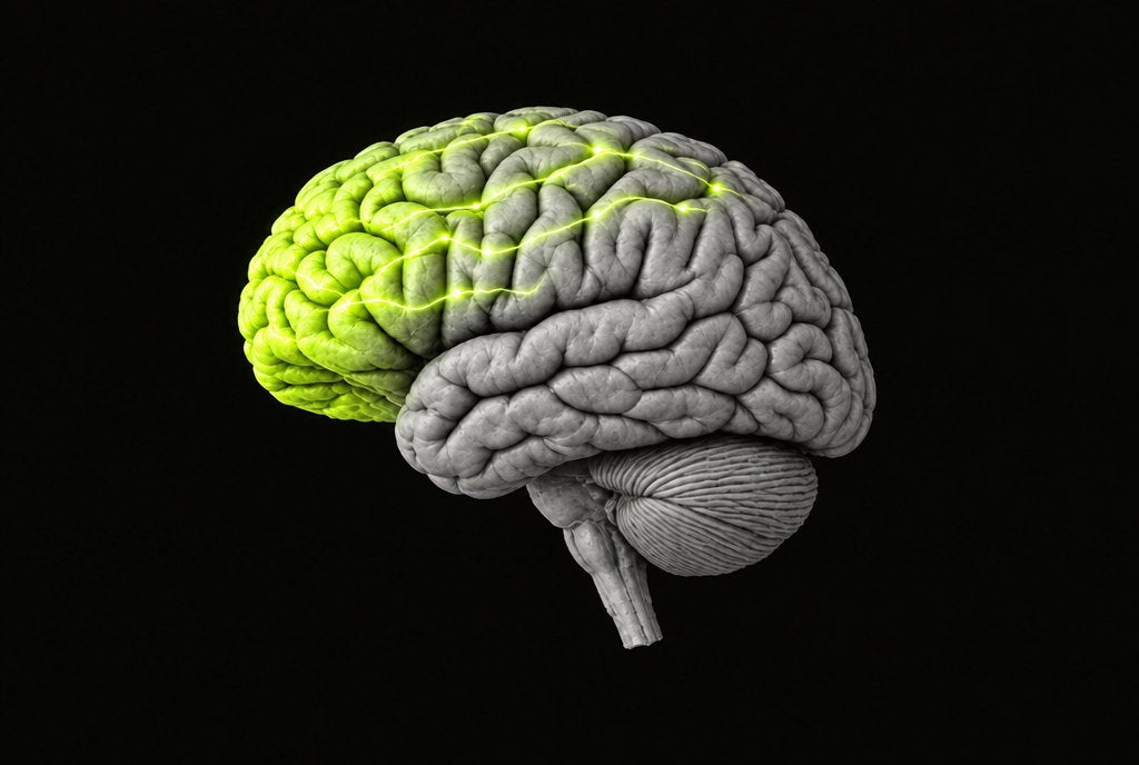 The same brain with the frontal lobe lit and signals running back across the cortex