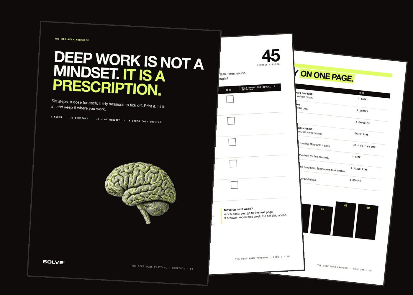 Three pages of the Deep Work Protocol workbook: the cover, a weekly page with five session boxes, and the day on one page
