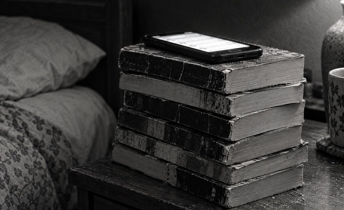 Ein Stapel viel gelesener Bücher auf einem Nachttisch, obendrauf liegt ein Handy