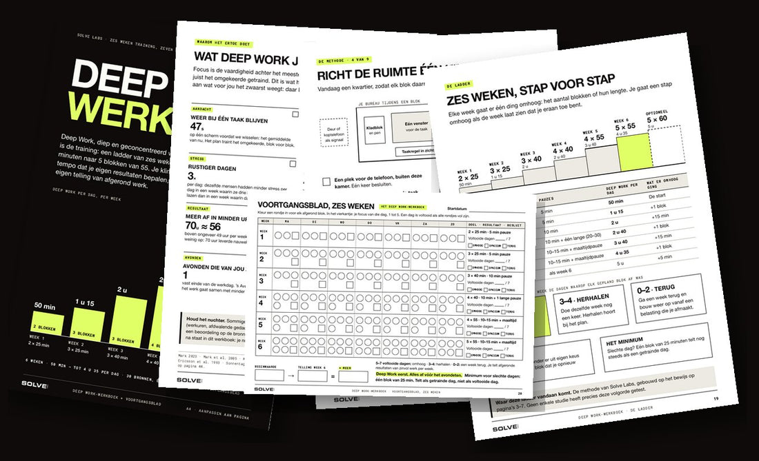 Geprinte pagina’s uit het Deep Work-werkboek van 55 pagina’s: de voorkant, wat Deep Work je oplevert, de inrichting van je werkplek, de ladder van zes weken en het voortgangsblad
