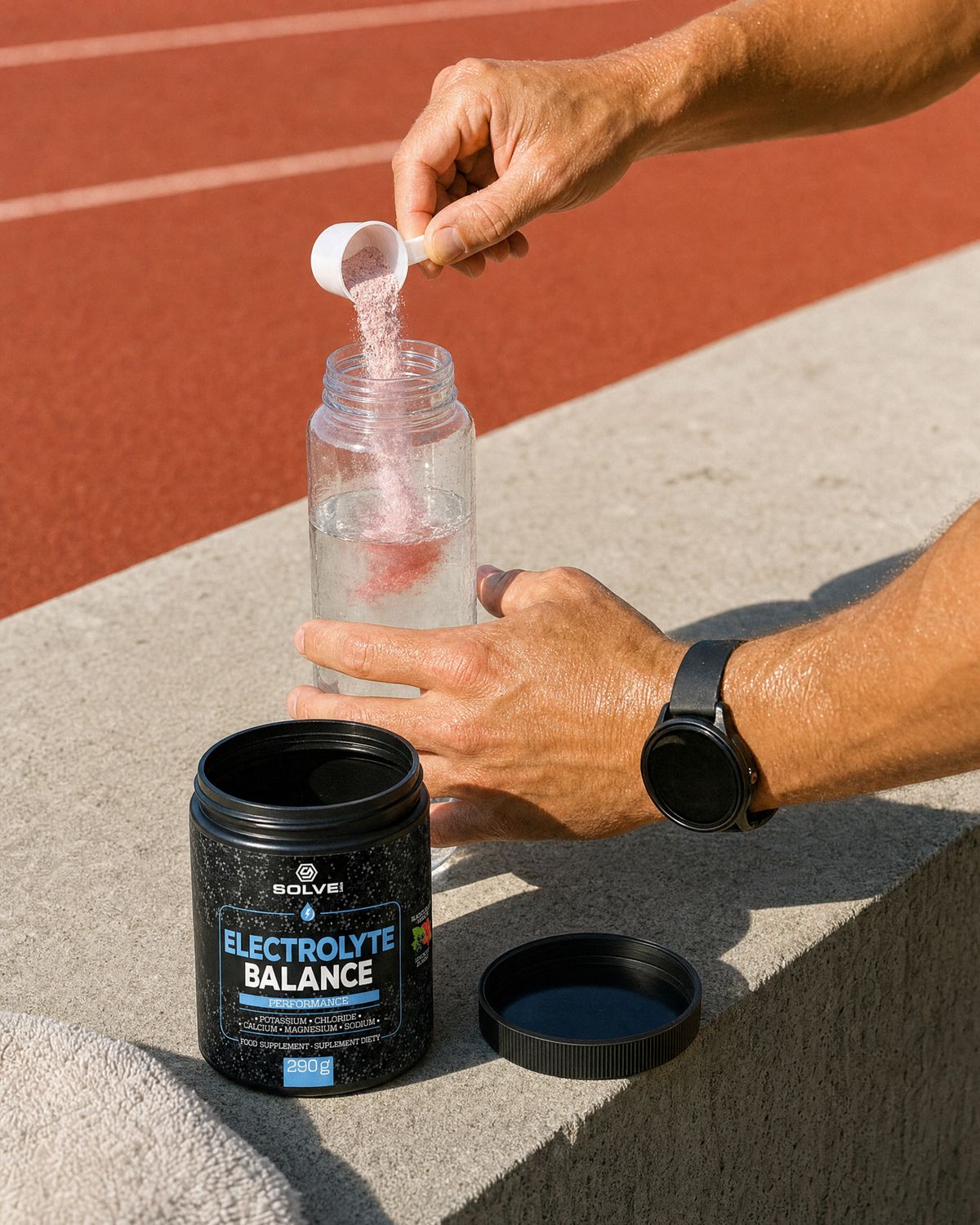 A scoop of pale pink powder falling into a clear bottle of water on a concrete bench beside the open tub