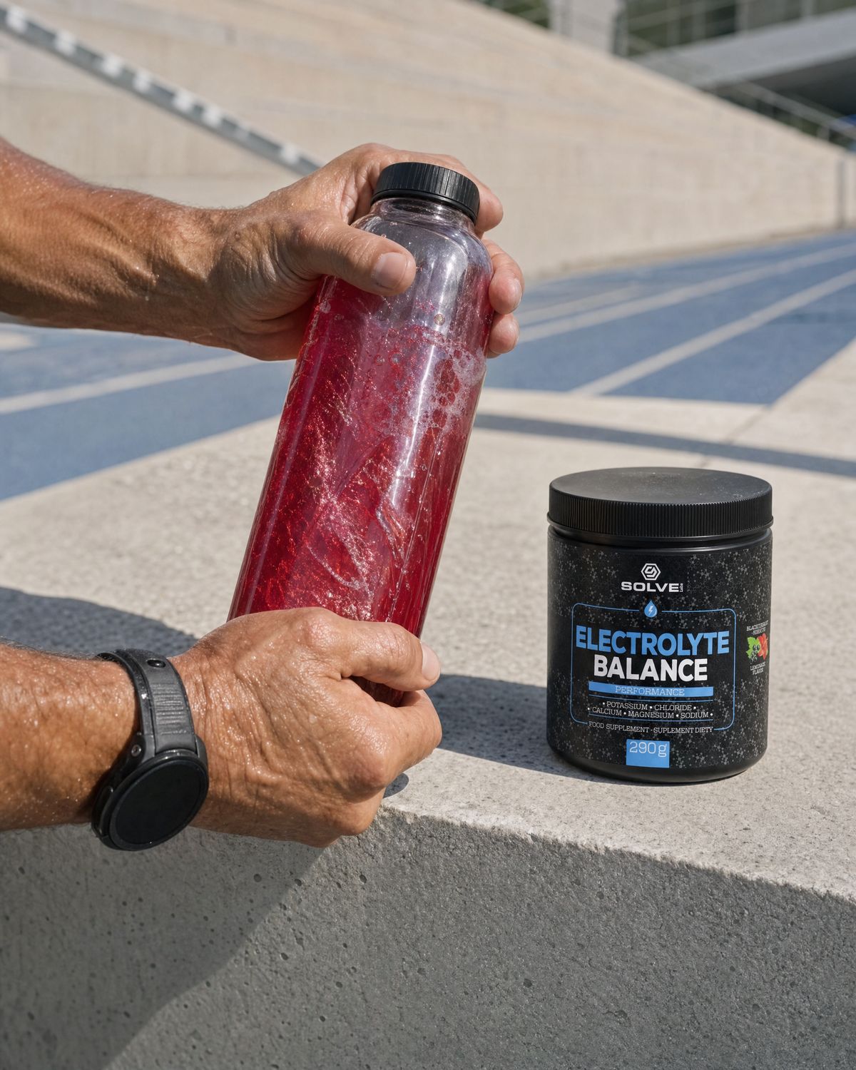 Hands shaking a clear bottle of red drink beside the tub on a bench at a running track