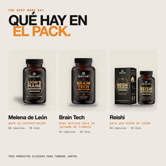 Qué hay en el pack: Melena de León pura en cápsulas, Brain Tech (nootrópico) y Reishi puro en cápsulas