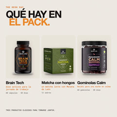 Qué hay en el pack: Matcha con hongos, Brain Tech (nootrópico) y Gominolas Calm de Reishi