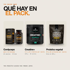 Qué hay en el pack: Cordyceps puro en cápsulas, Proteína vegetal con hongos y Creatine+
