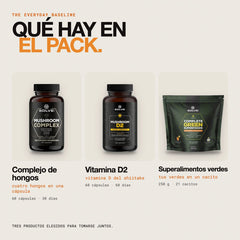Qué hay en el pack: Complejo de hongos en cápsulas, Vitamina D2 de shiitake 2000 UI y Superalimentos verdes completos