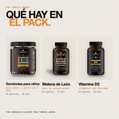 Qué hay en el pack: Gominolas de hongos para niños, Melena de León pura en cápsulas y Vitamina D2 de shiitake 2000 UI