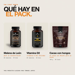 Qué hay en el pack: Melena de León pura en cápsulas, Vitamina D2 de shiitake 2000 UI y Cacao con hongos
